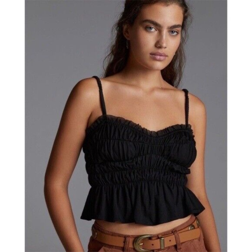 Anthropologie NWT Sunday in Brooklyn Ruched Smocked Ruffle Tank Top In Black XS